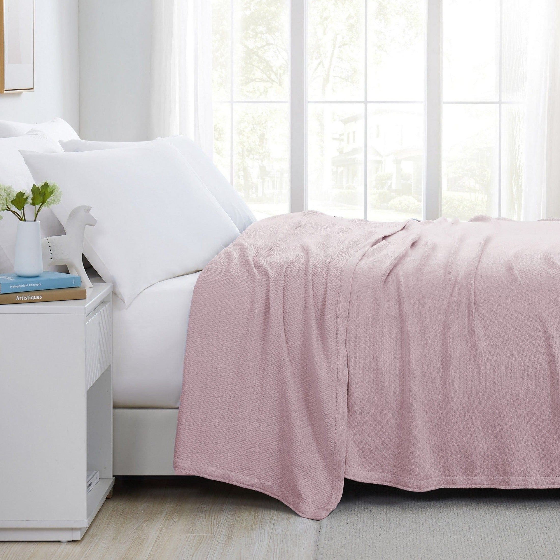 Side View of Milton Cotton Blankets and Throws in Pink#color_milton-pink