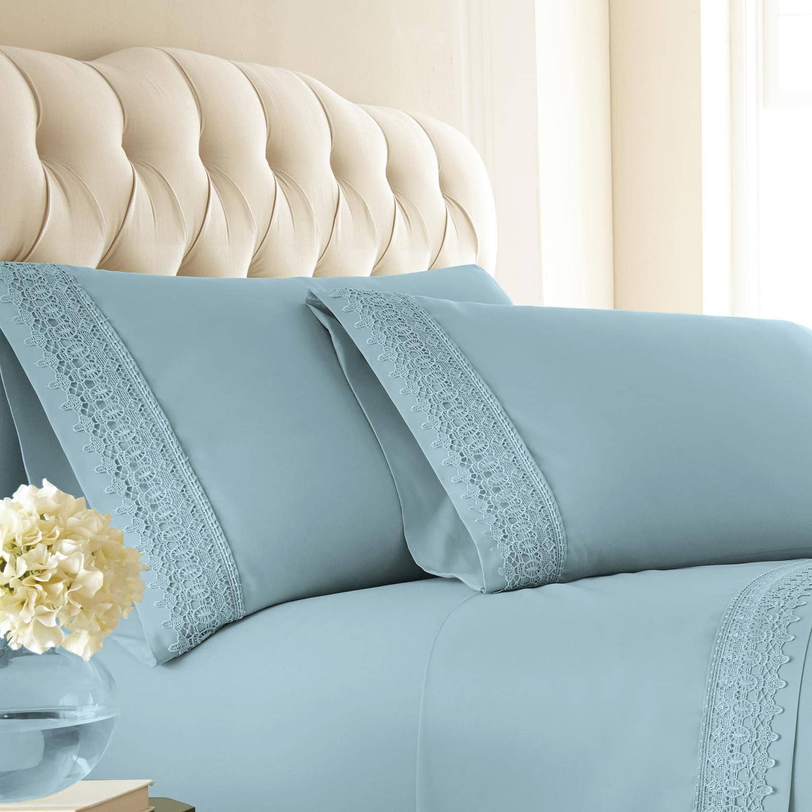 Close Up View of Vilano Lace Hem Pillow Case in Sky Blue#color_vilano-sky-blue