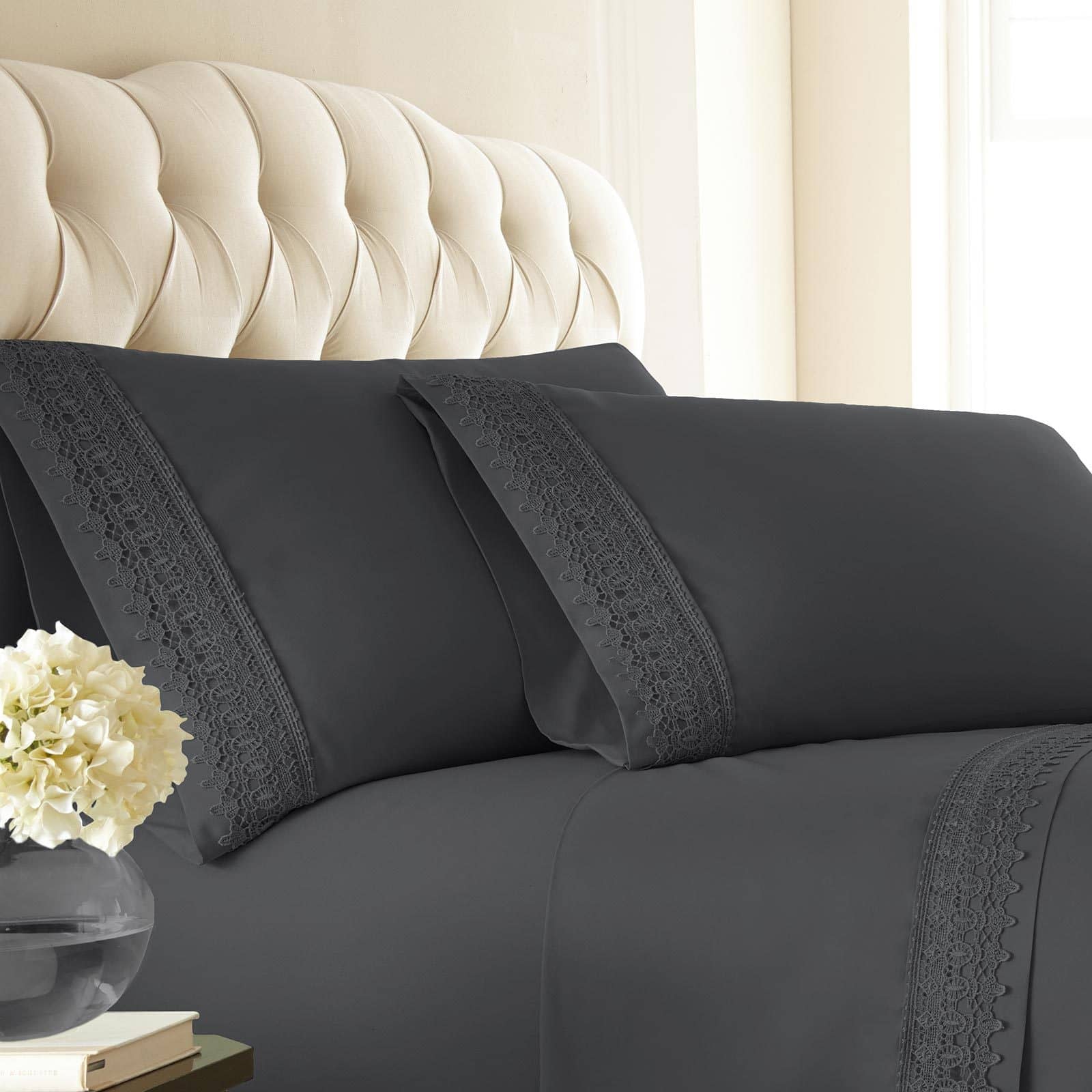 Close Up View of Vilano Lace Hem Pillow Case in Slate#color_vilano-slate