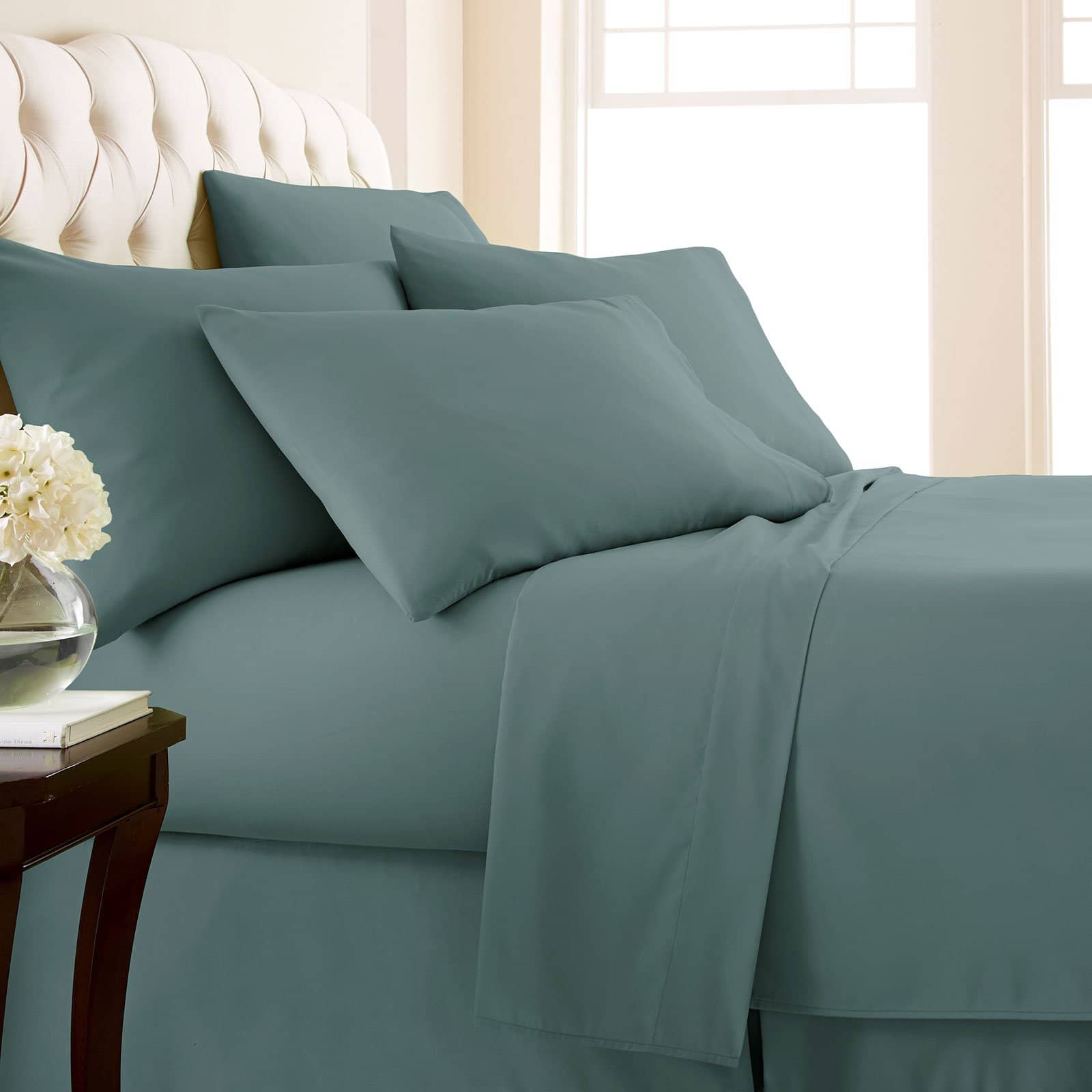 Side View of Vilano Extra Deep Pocket 6-Piece Sheet Set in Steel Blue#color_vilano-steel-blue