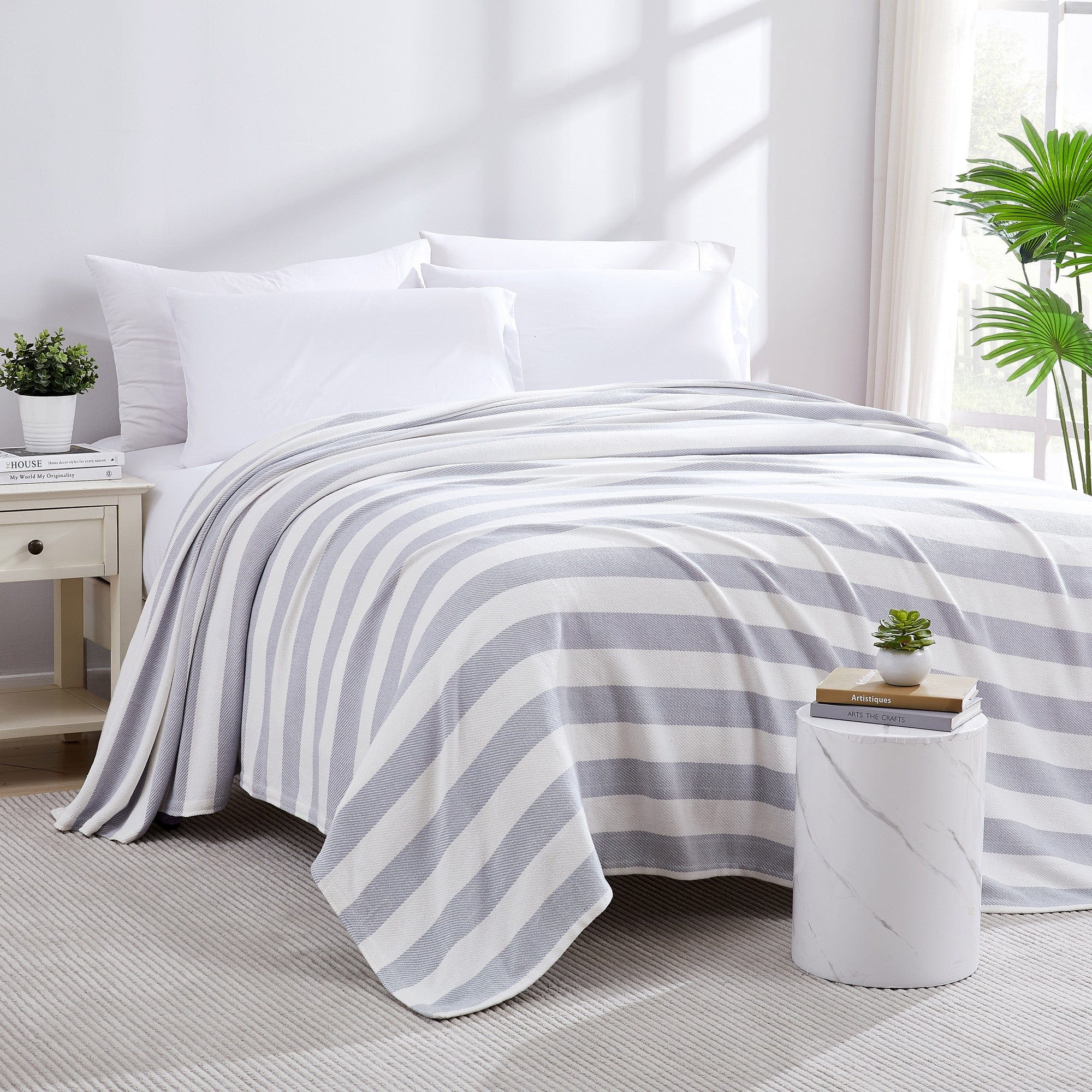 Front View of Striped Cotton Blankets and Throws in Lunar Grey#color_striped-lunar-grey