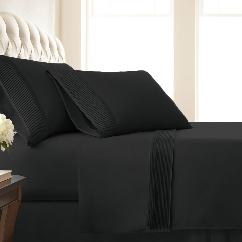 Side View of Vilano Extra Deep Pocket Pleated Sheet Set in Black#color_vilano-black