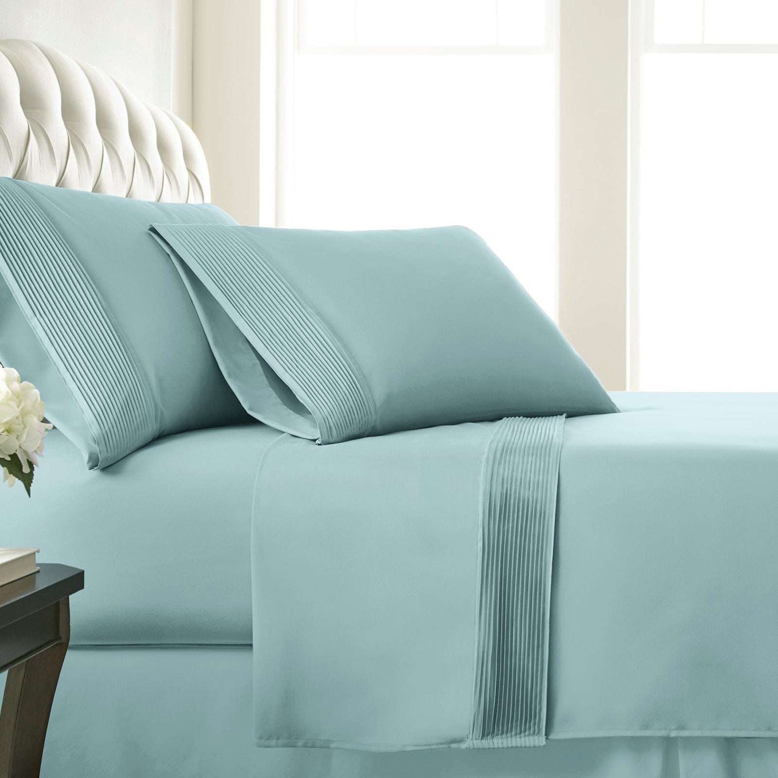 Side View of Vilano Extra Deep Pocket Pleated Sheet Set in Sky Blue#color_vilano-sky-blue