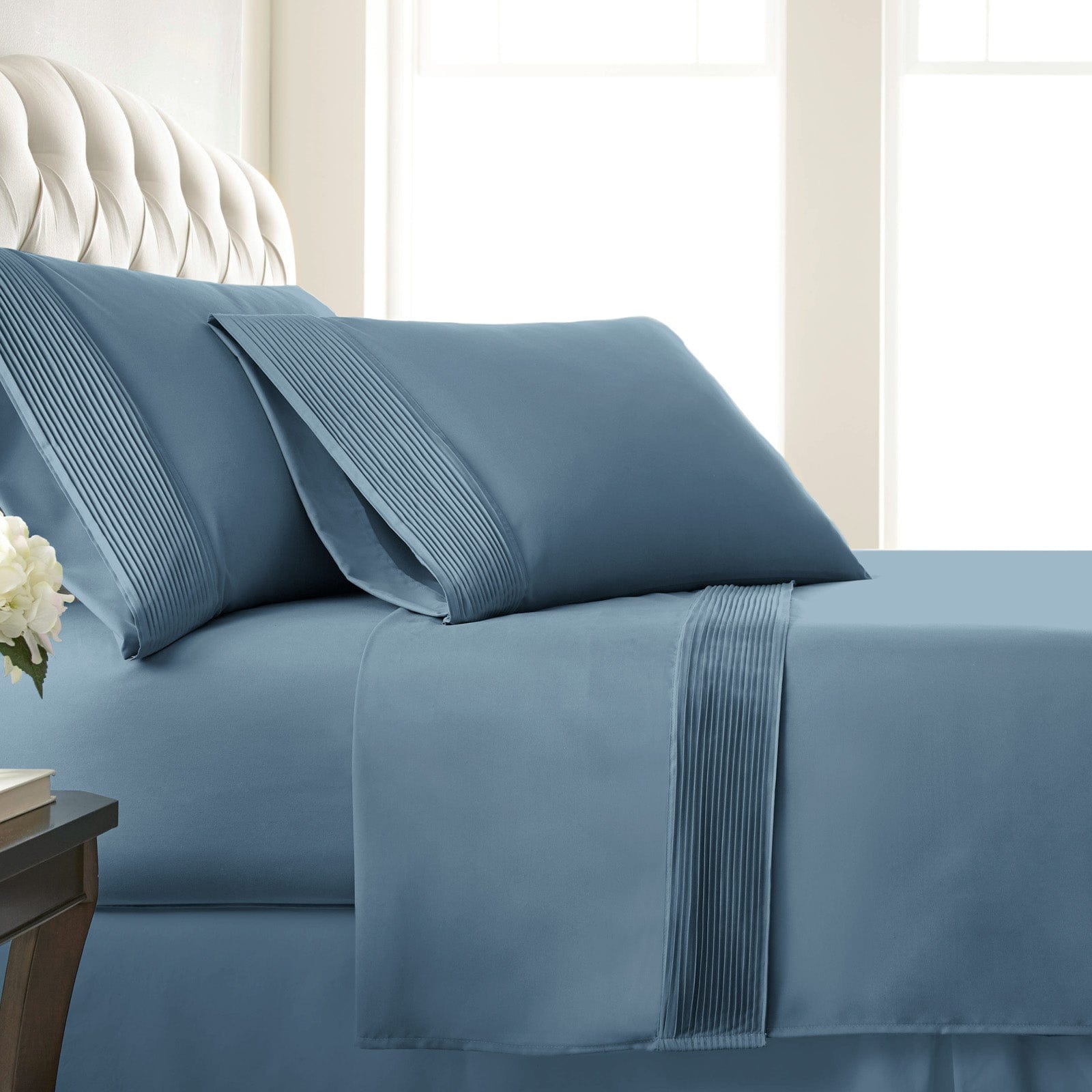 Side View of Vilano Extra Deep Pocket Pleated Sheet Set in Coronet Blue#color_vilano-coronet-blue