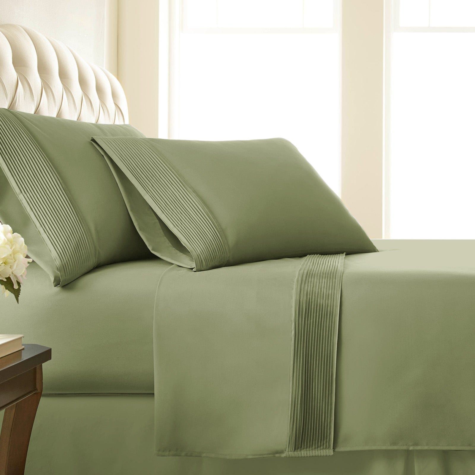 Side View of Vilano Extra Deep Pocket Pleated Sheet Set in Sage Green#color_vilano-sage-green