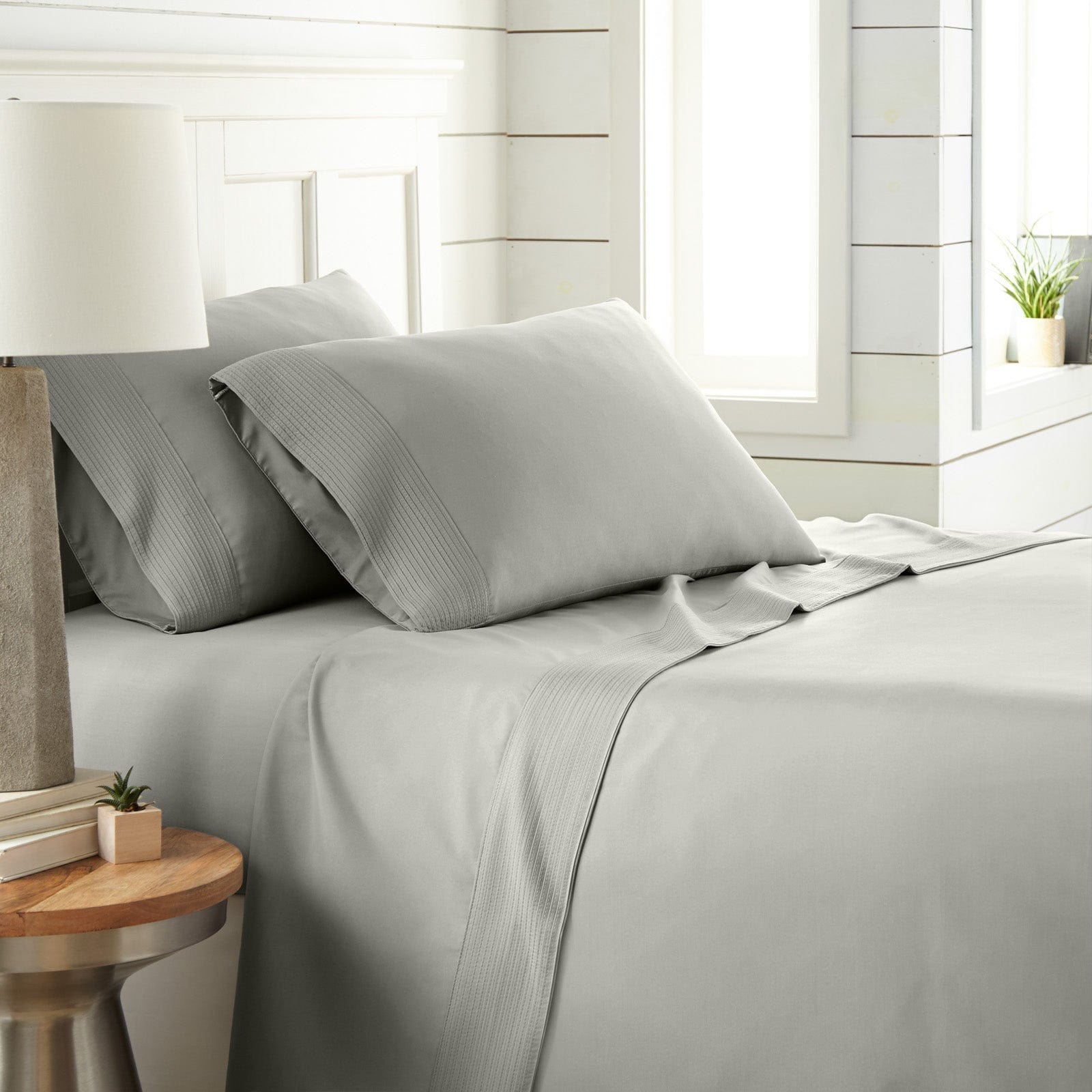 Side View of Vilano Extra Deep Pocket Pleated Sheet Set in Steel Grey#color_vilano-steel-gray