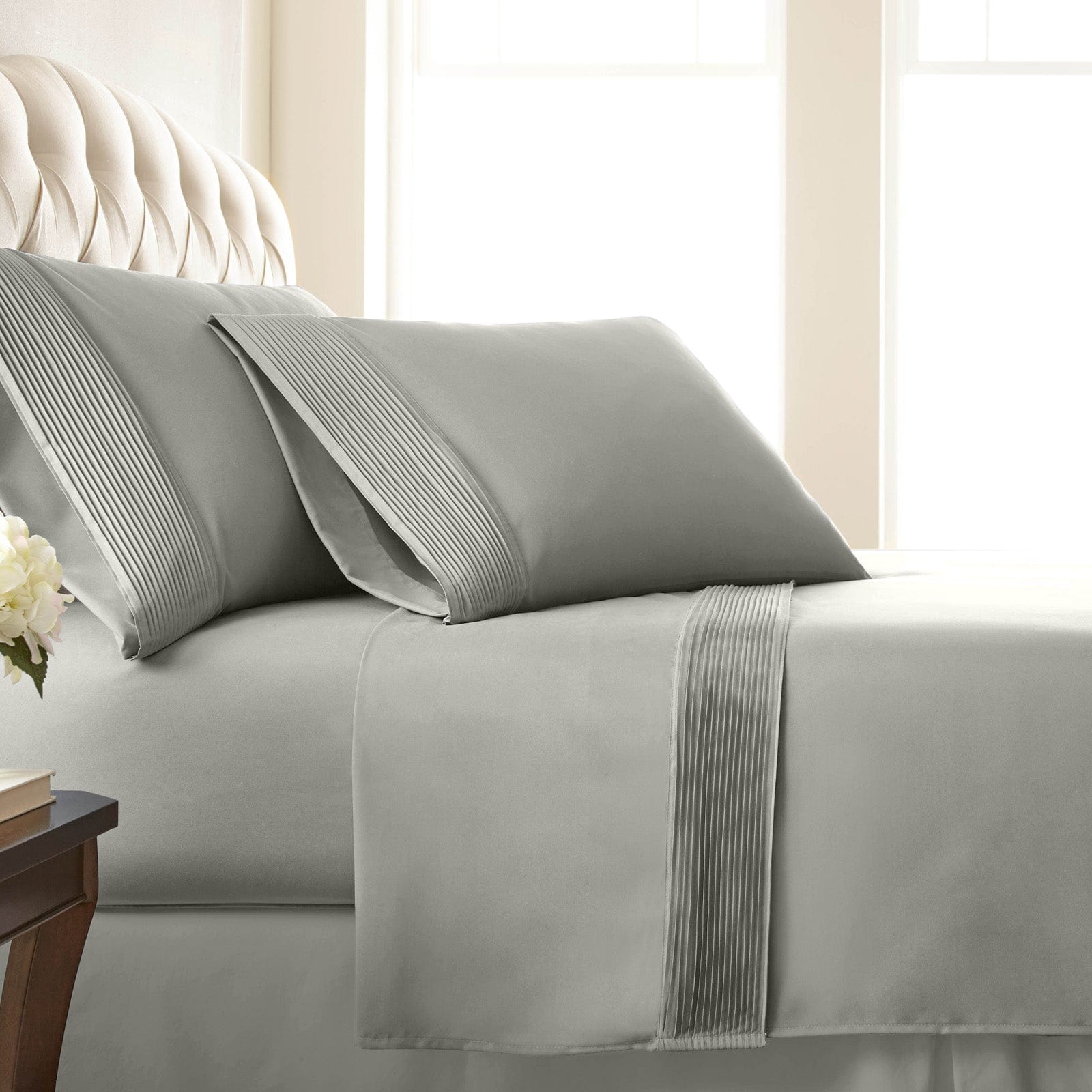 Side View of Vilano Extra Deep Pocket Pleated Sheet Set in Steel Grey#color_vilano-steel-gray