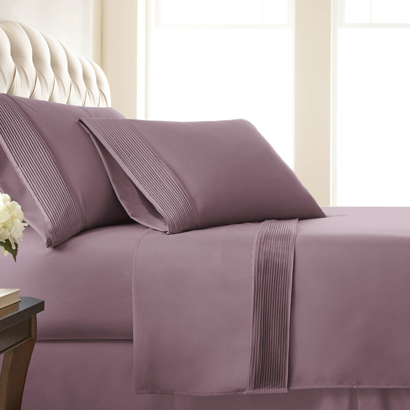 Side View of Vilano Extra Deep Pocket Pleated Sheet Set in Lavender#color_vilano-lavender