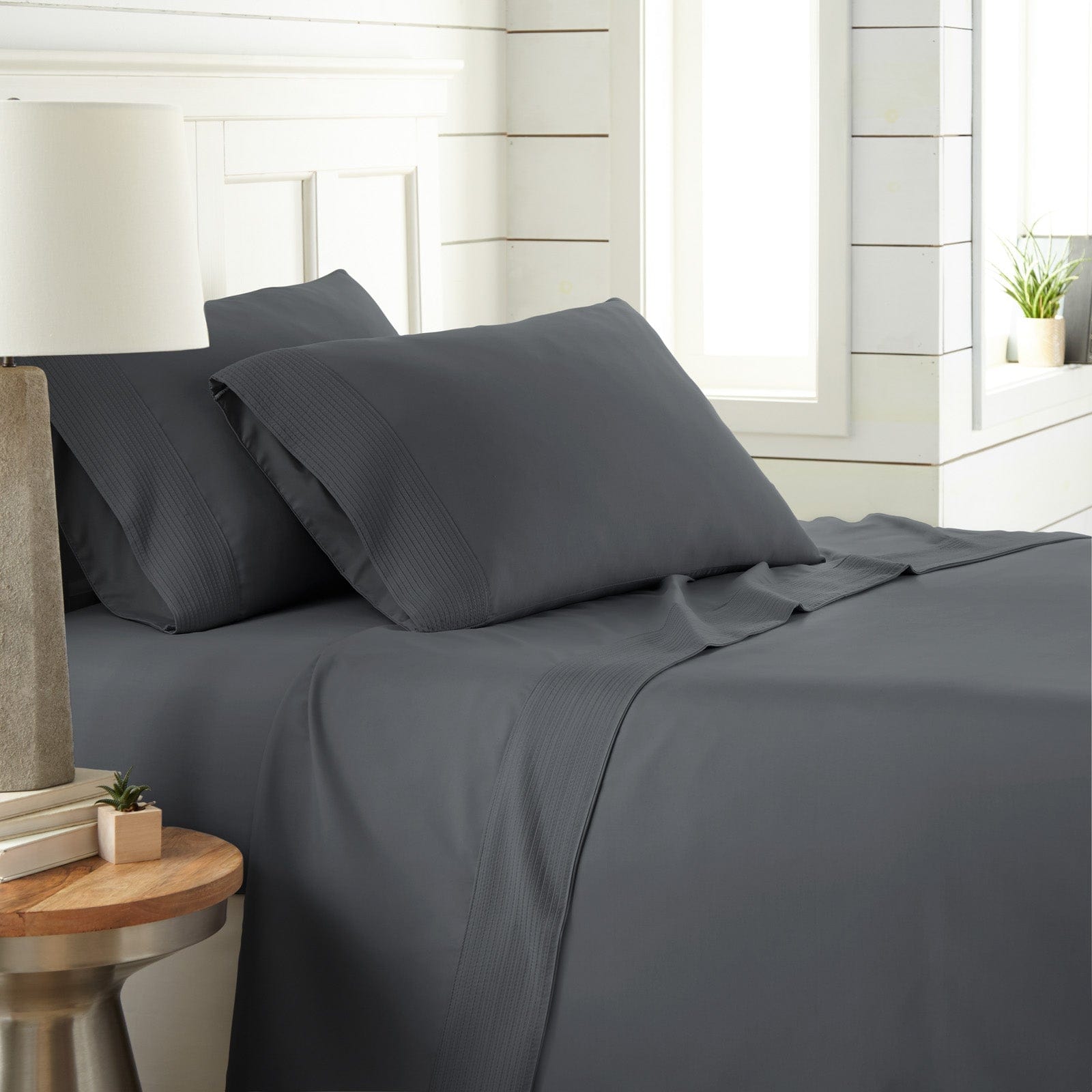 Side View of Vilano Extra Deep Pocket Pleated Sheet Set in Slate#color_vilano-slate