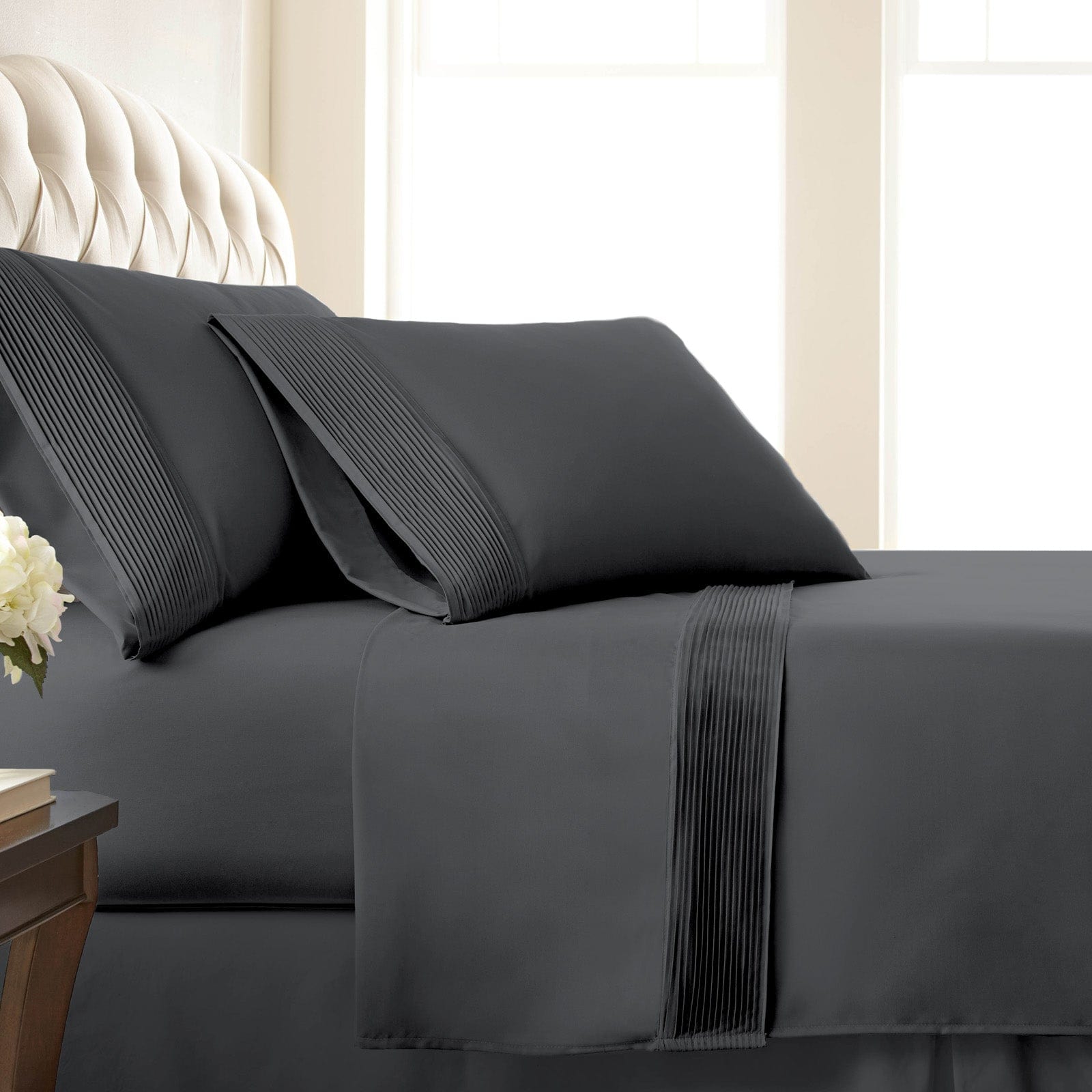Side View of Vilano Extra Deep Pocket Pleated Sheet Set in Slate#color_vilano-slate