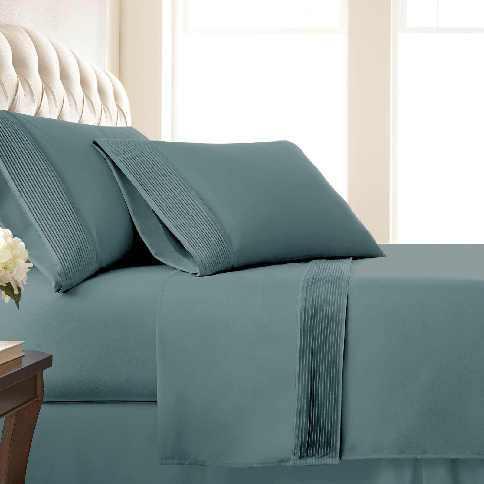 Side View of Vilano Extra Deep Pocket Pleated Sheet Set in Steel Blue#color_vilano-steel-blue