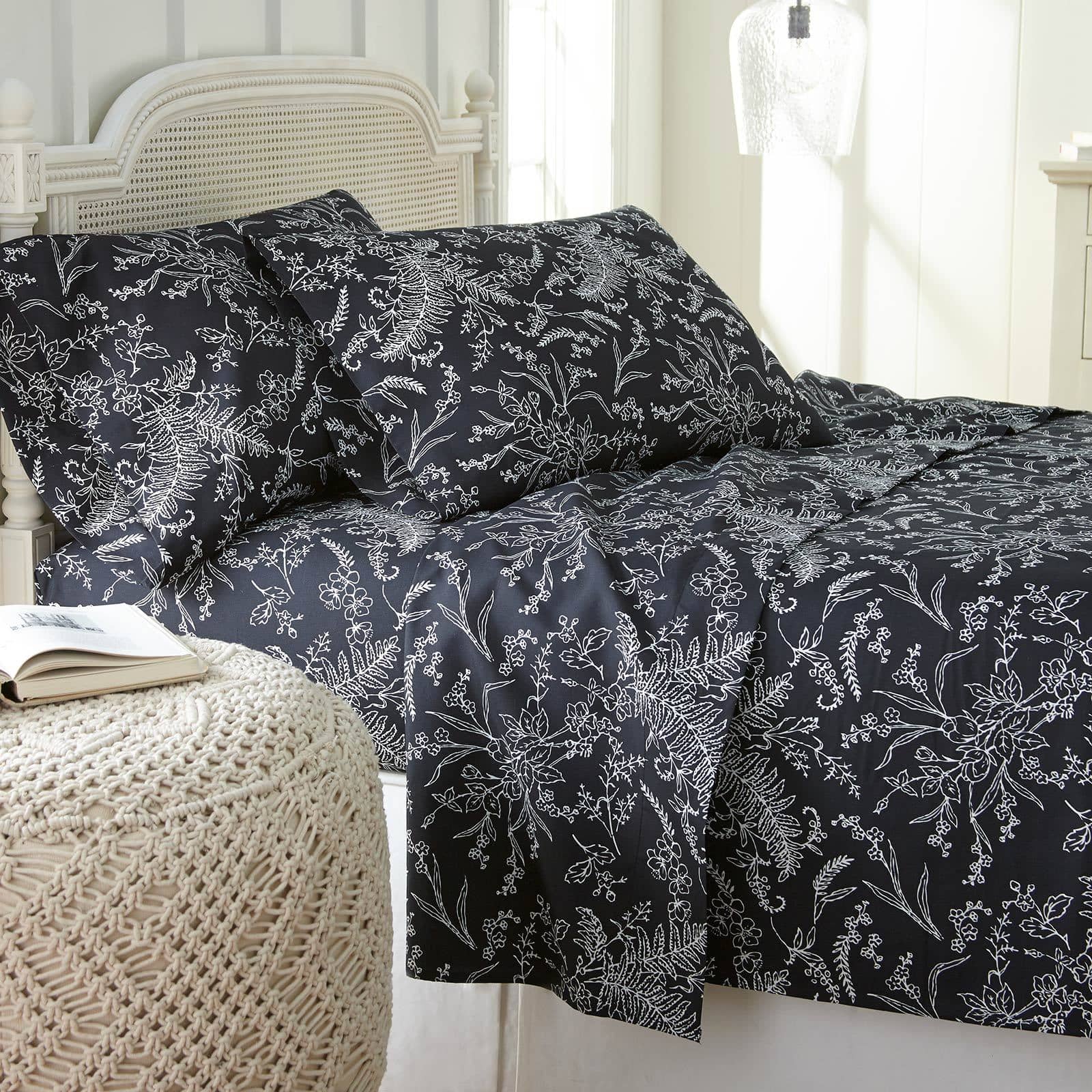 Winter Brush Print Ultra Soft and Supreme Quality Sheet Set in Black with White Flowers#color_winter-brush-black-with-white-flowers
