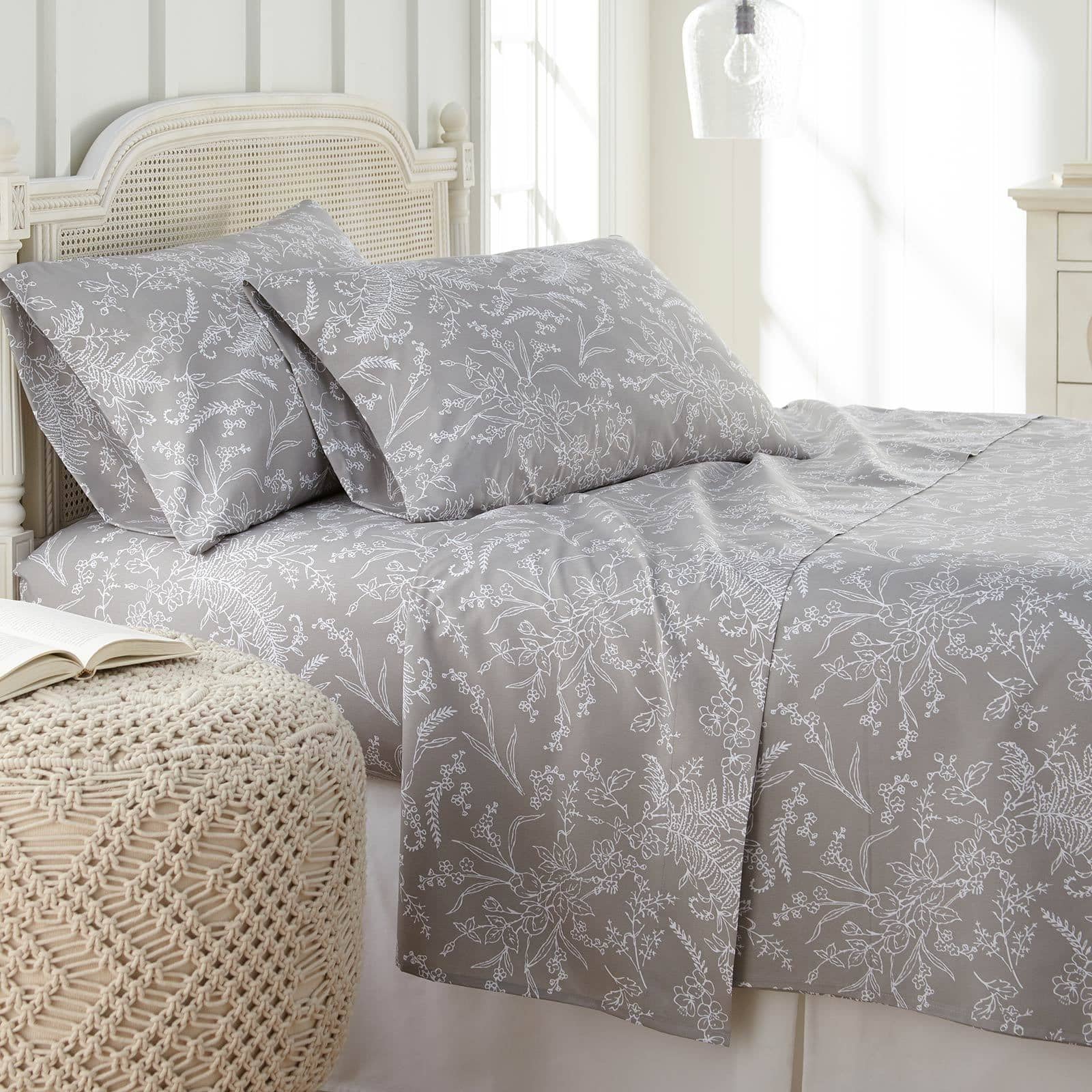 Winter Brush Print Ultra Soft and Supreme Quality Sheet Set in Steel Grey with White Flowers#color_winter-brush-steel-gray-with-white-flowers