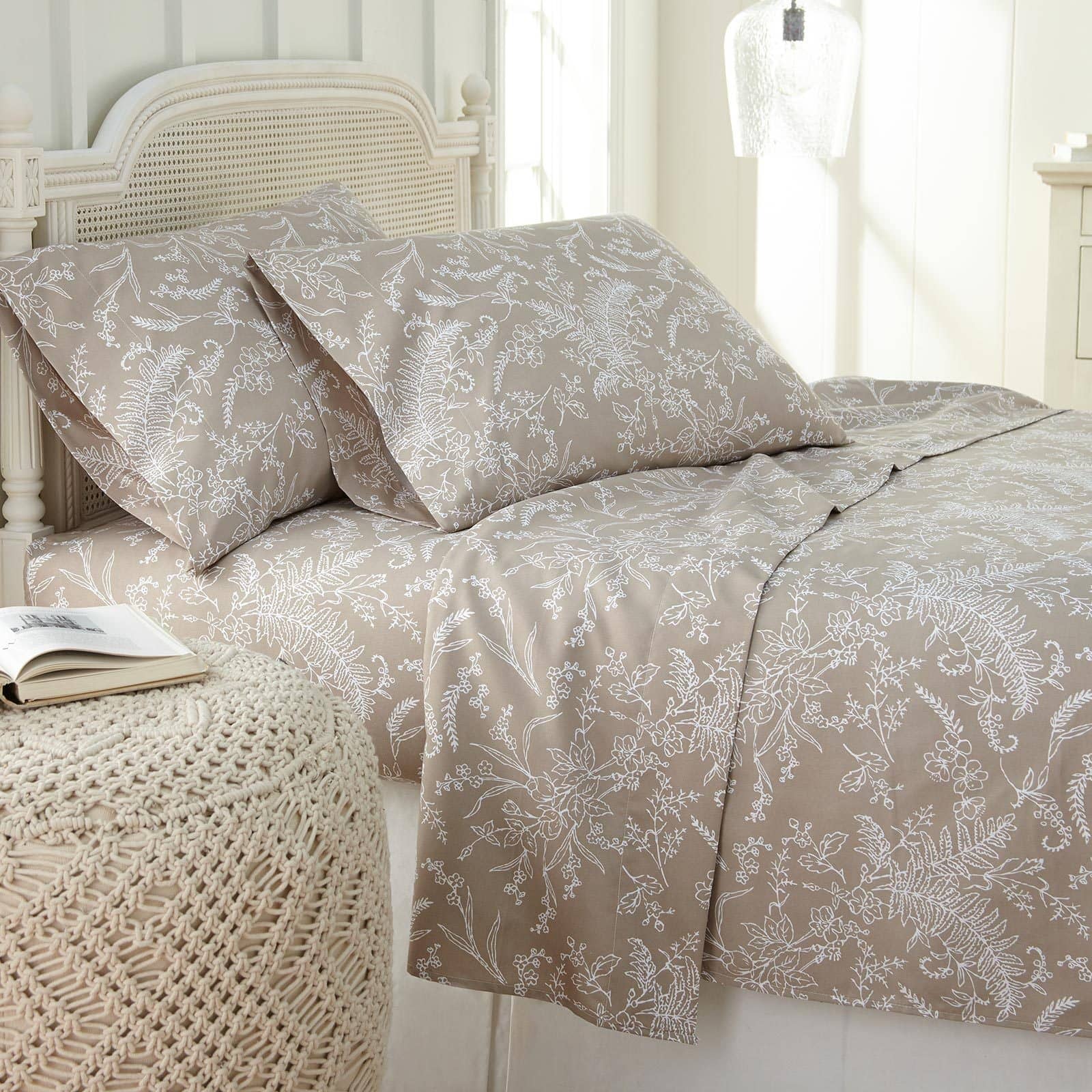 Winter Brush Print Ultra Soft and Supreme Quality Sheet Set in Warm Sand with White Flowers#color_winter-brush-warm-sand-with-white-flowers