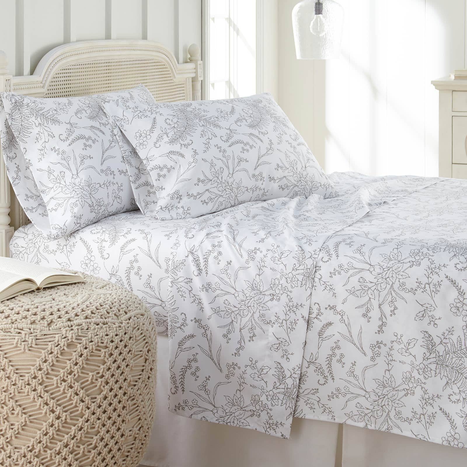 Winter Brush Print Ultra Soft and Supreme Quality Sheet Set in White with Steel Grey Flowers#color_winter-brush-white-with-steel-gray-flowers