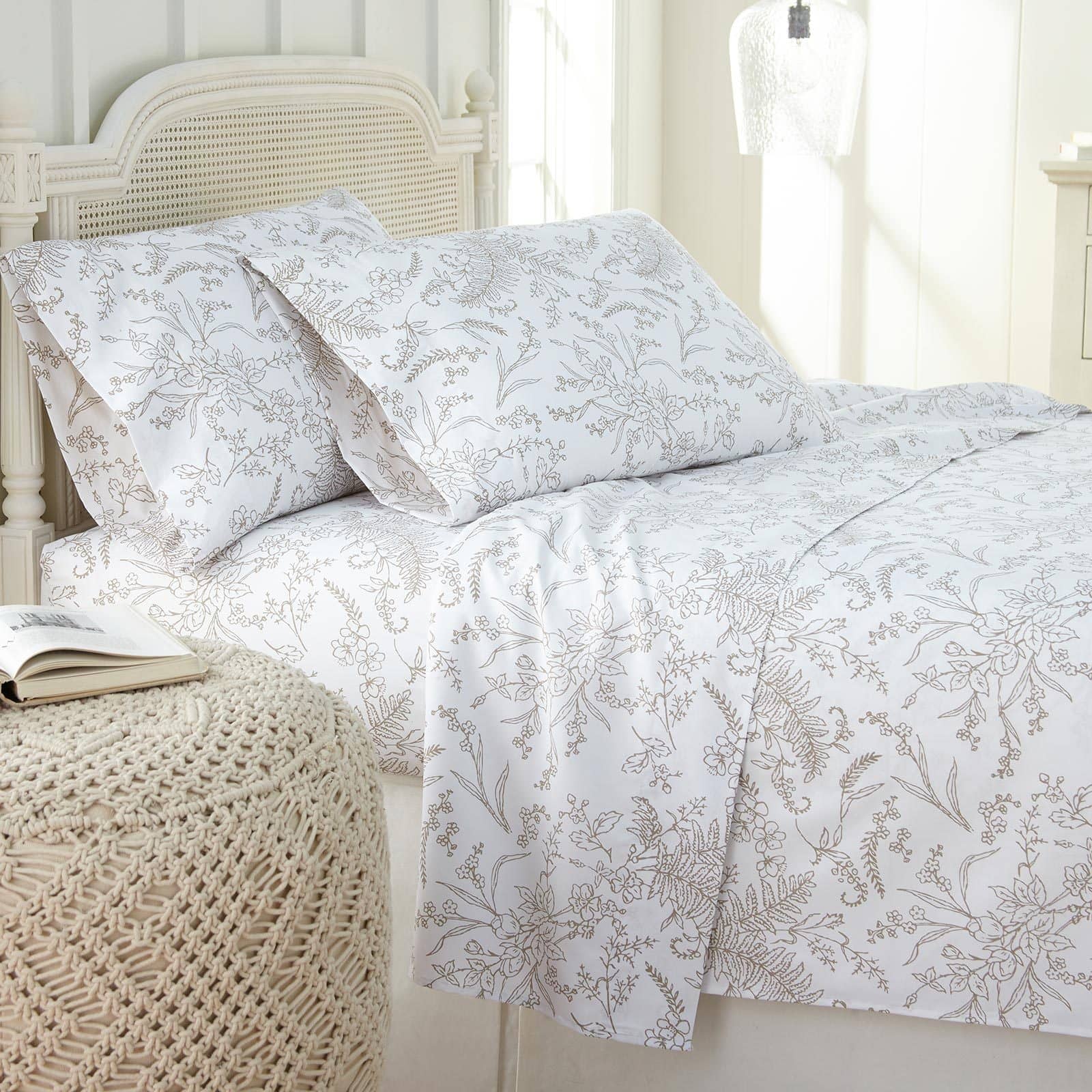 Winter Brush Print Ultra Soft and Supreme Quality Sheet Set in White with Warm Sand Flowers#color_winter-brush-white-with-warm-sand-flowers