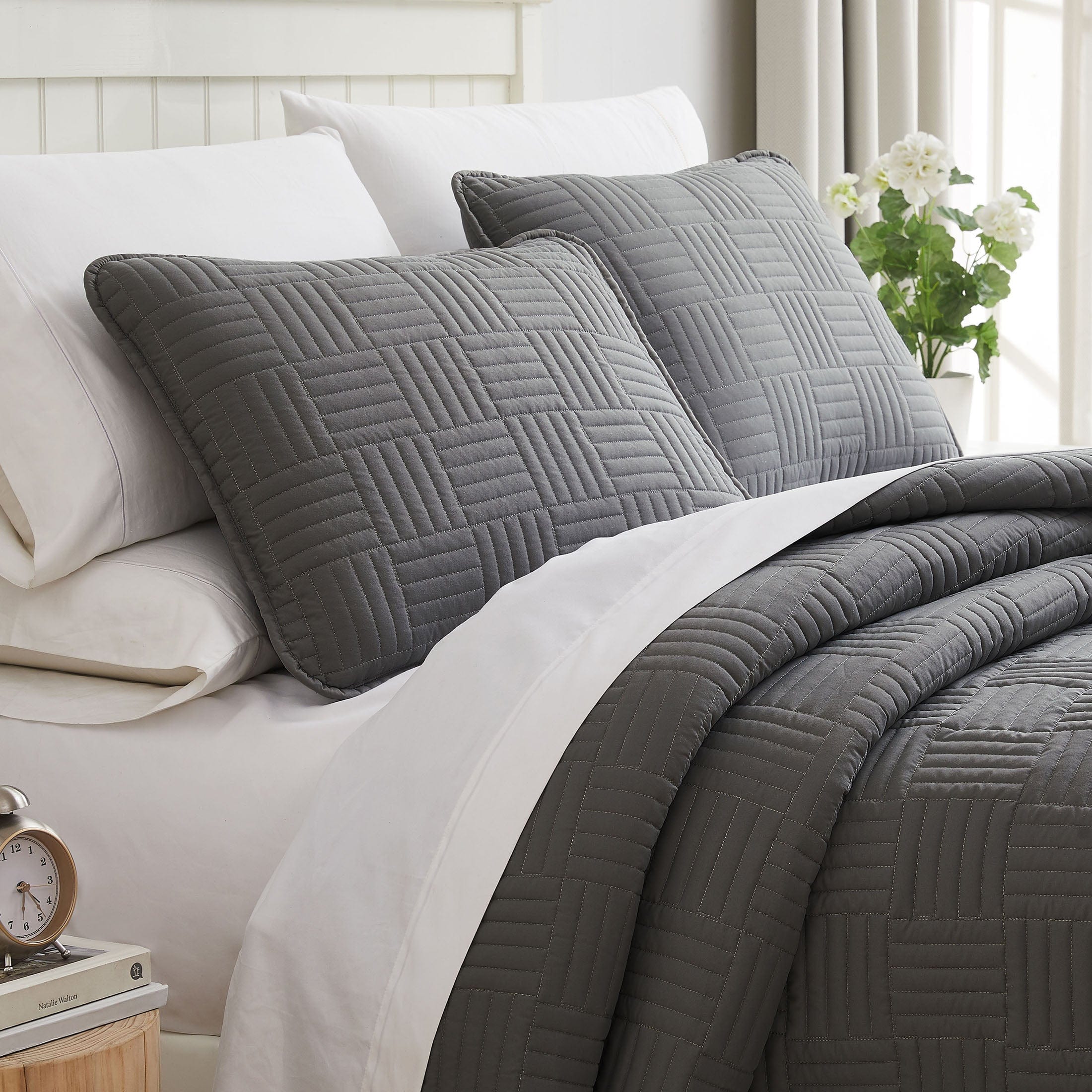 Angled View of Grid Oversized Quilt Set in Midnight Slate#color_grid-slate