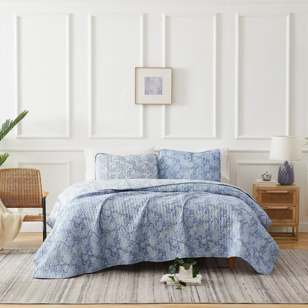 Front View of Perfect Paisley Reversible Quilt Set in Blue#color_perfect-paisley-blue
