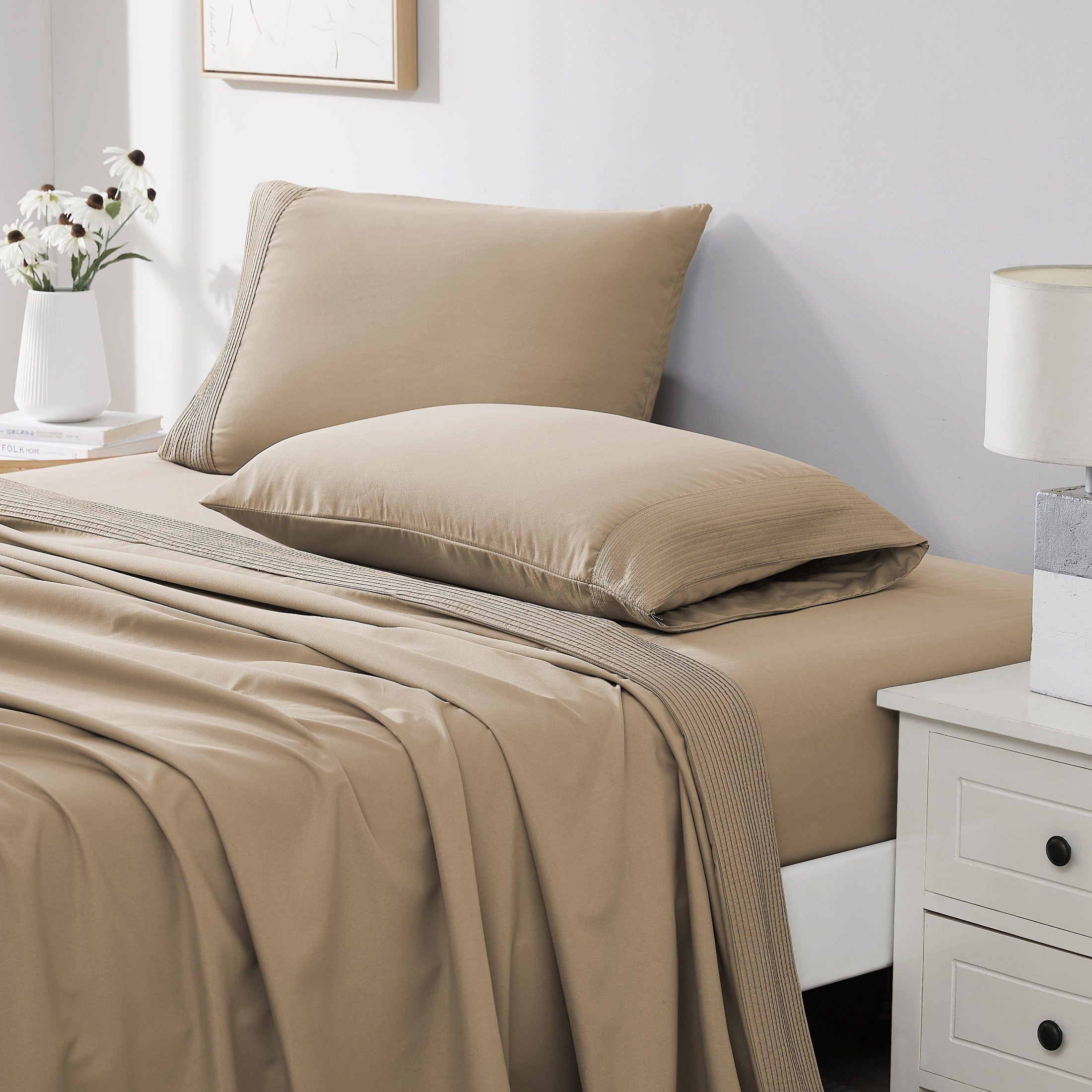 Side View of Vilano Extra Deep Pocket Pleated Sheet Set in Taupe#color_vilano-taupe