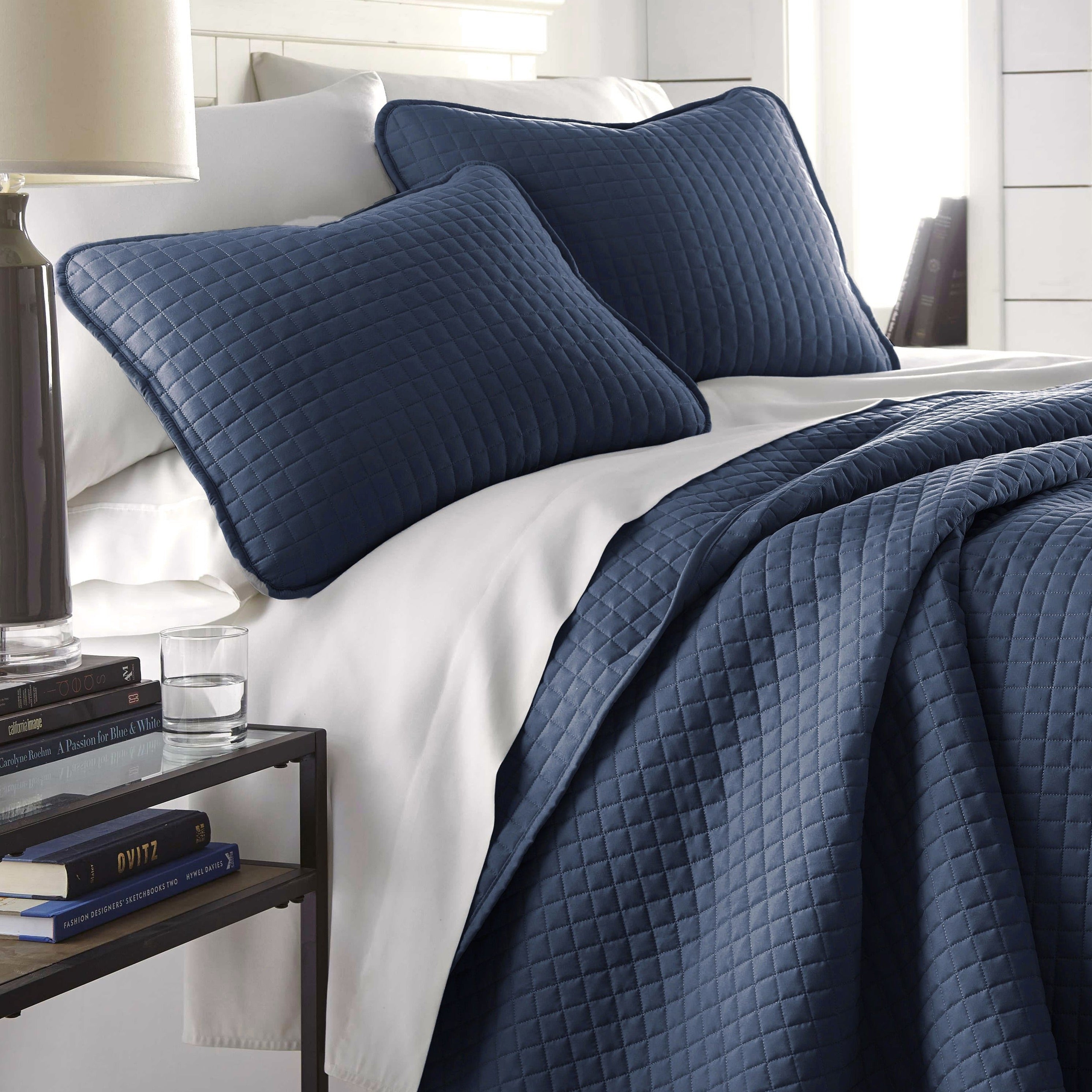 Side View of Vilano Oversized Quilt Set in Dark Blue #color_vilano-dark-blue