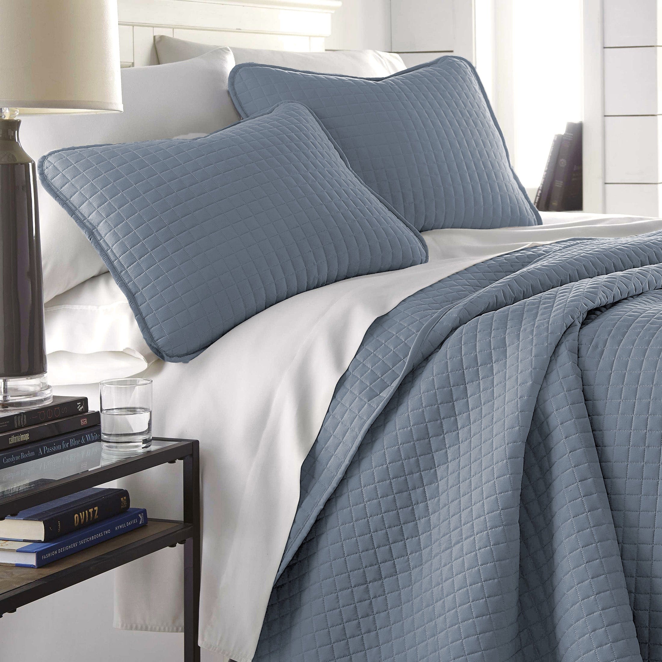 Side View of Vilano Oversized Quilt Set in Slate Blue #color_vilano-slate-blue