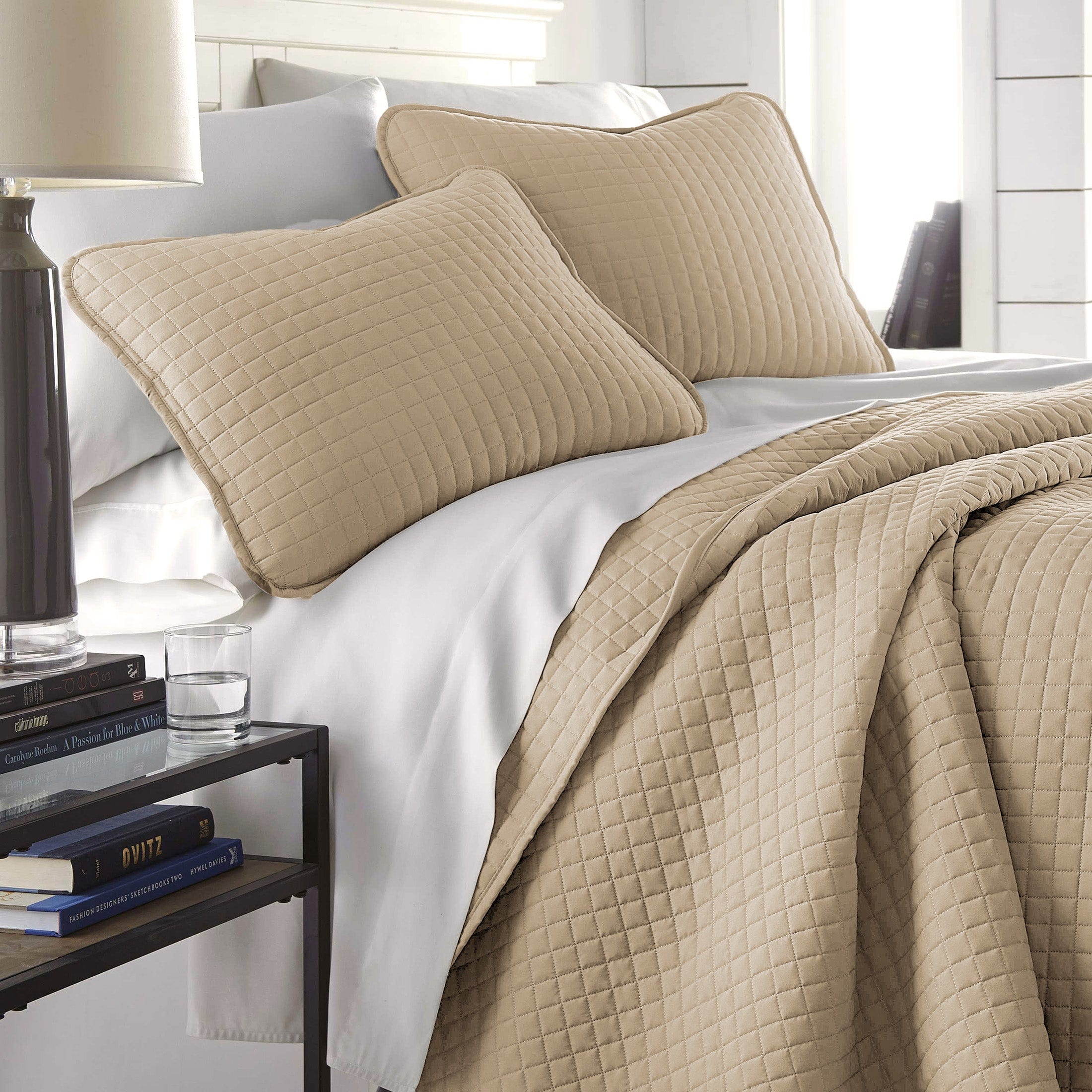 Side View of Vilano Oversized Quilt Set in Soft Sand #color_vilano-soft-sand