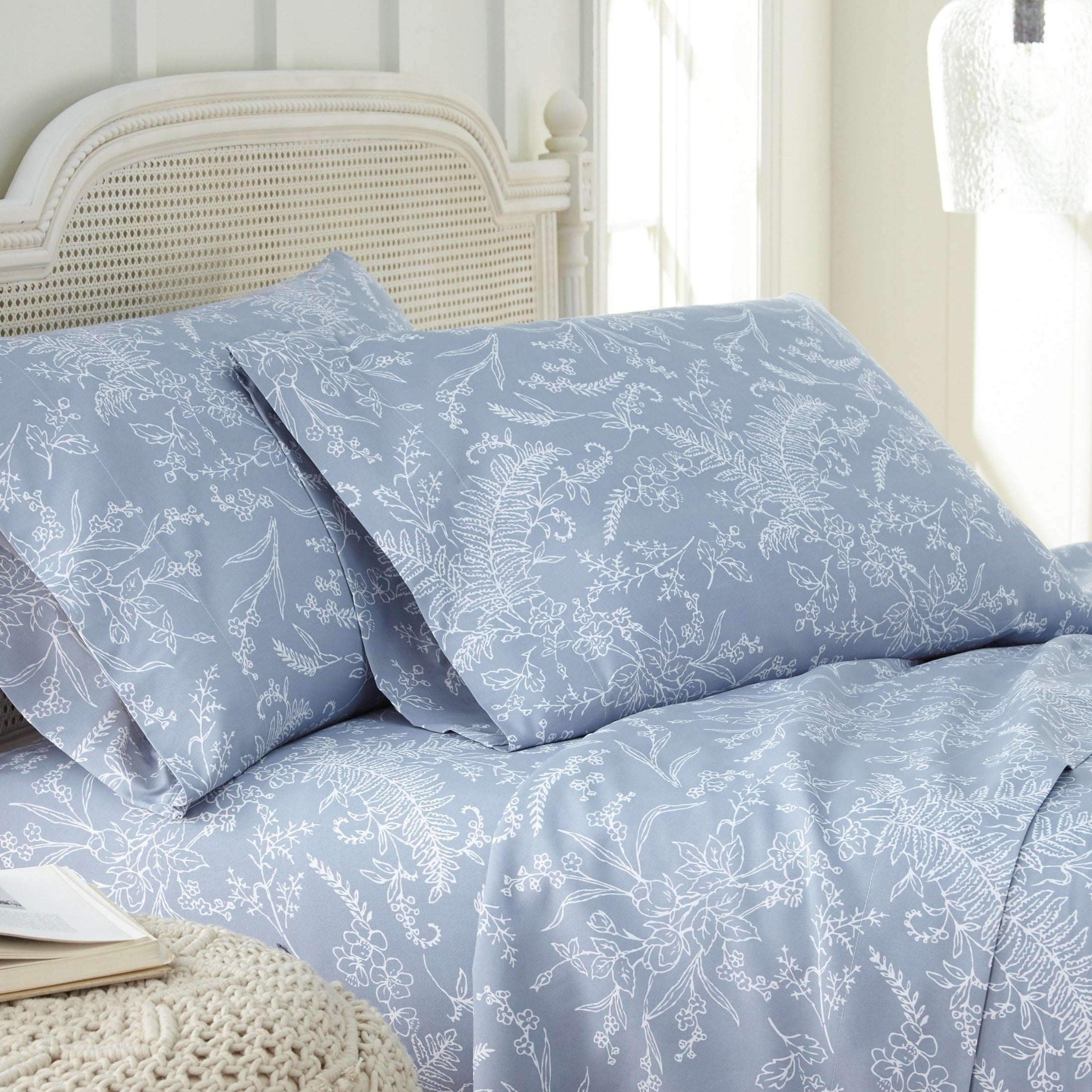 Angled View of Winter Brush Pillow Cases in Blue and White Flowers#color_winter-brush-blue-with-white-flowers