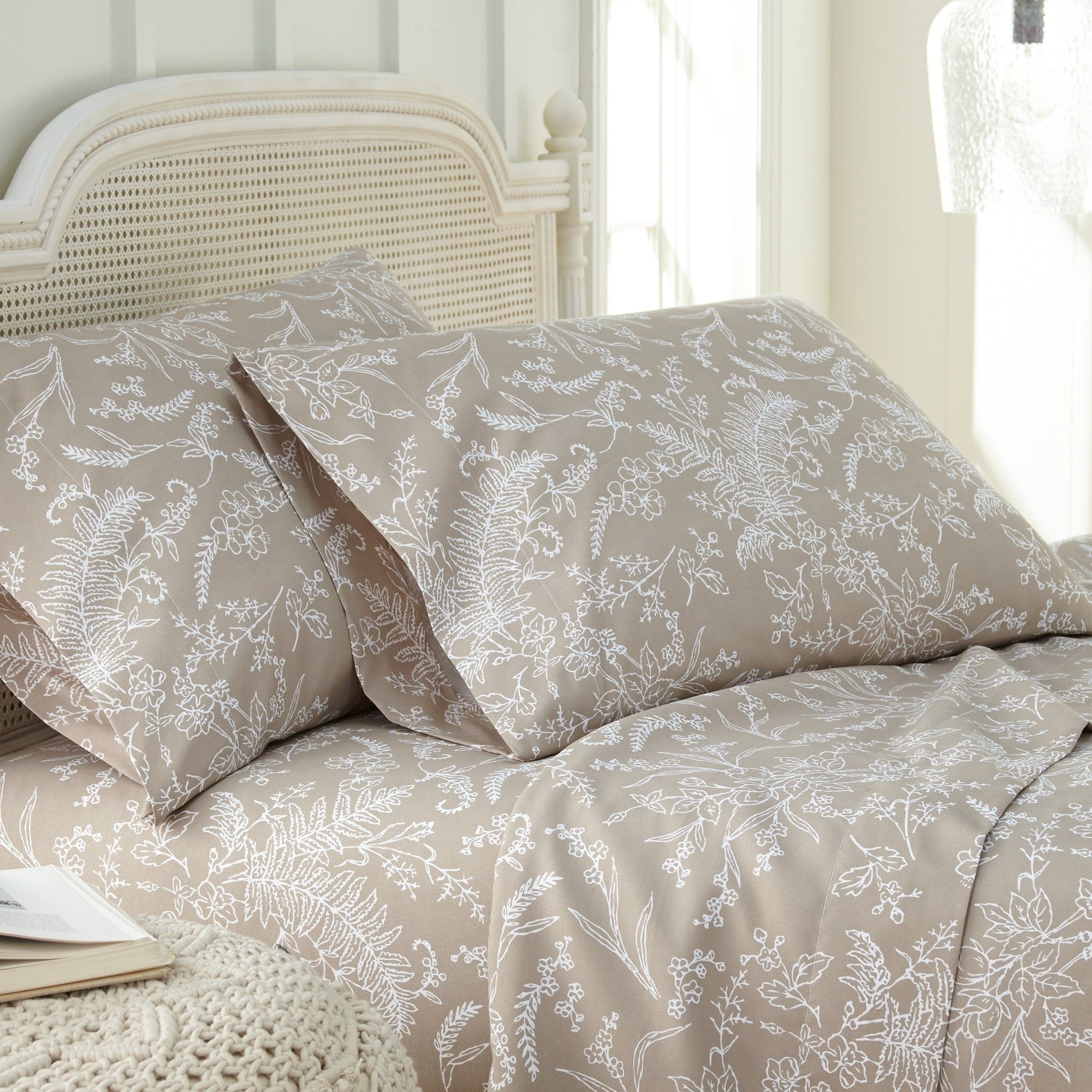 Side View of Winter Brush Pillow Cases in Warm Sand and White Flowers#color_winter-brush-warm-sand-with-white-flowers