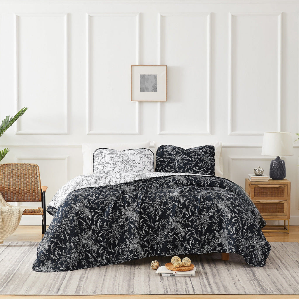 Front View of Winter Brush Reversible Quilt Set in Black#color_winter-brush-black