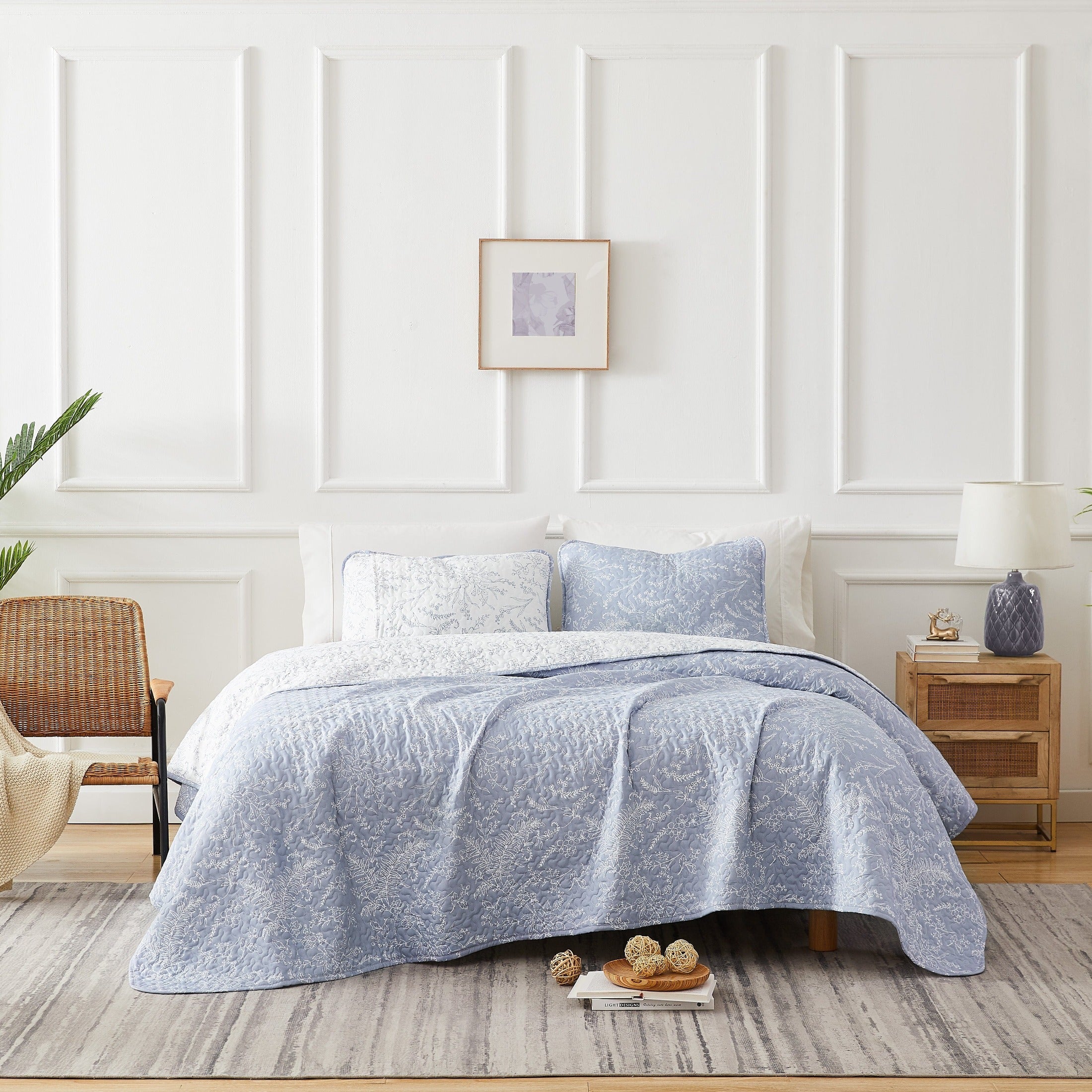 Front View of Winter Brush Reversible Quilt Set in Blue#color_winter-brush-blue