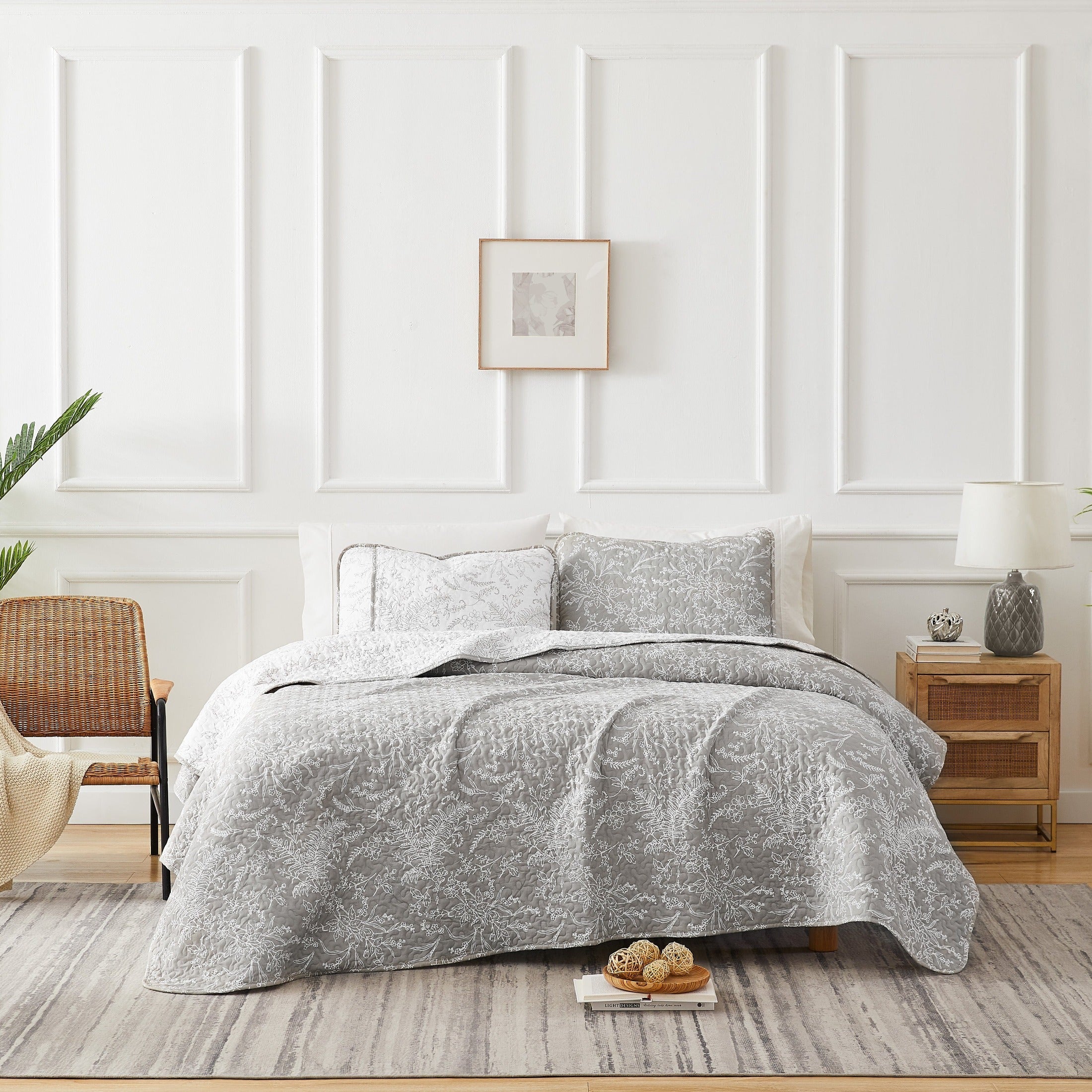 Front View of Winter Brush Reversible Quilt Set in Steel Grey#color_winter-brush-steel-gray