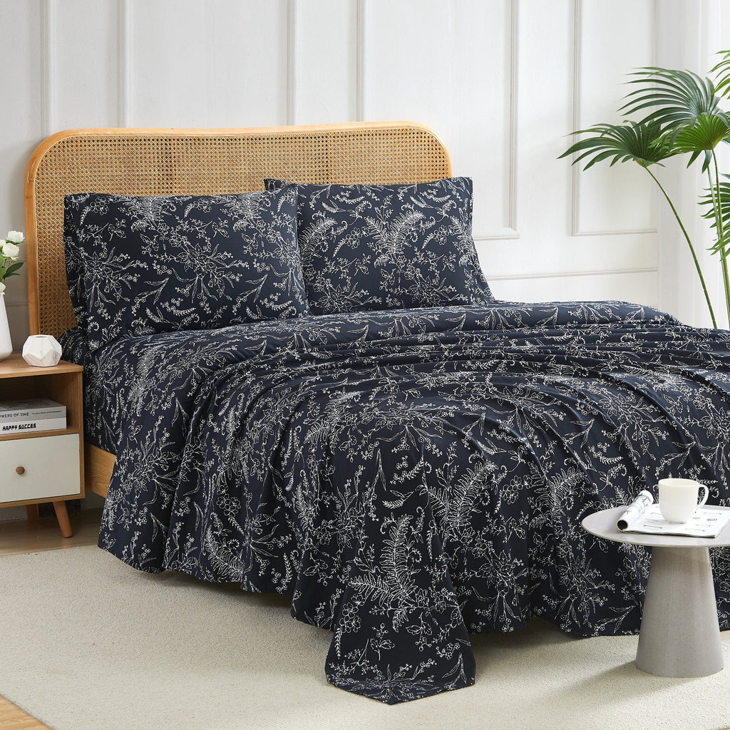 Side View of Winter Brush Sheet Set in Black and White Flowers#color_winter-brush-black-with-white-flowers