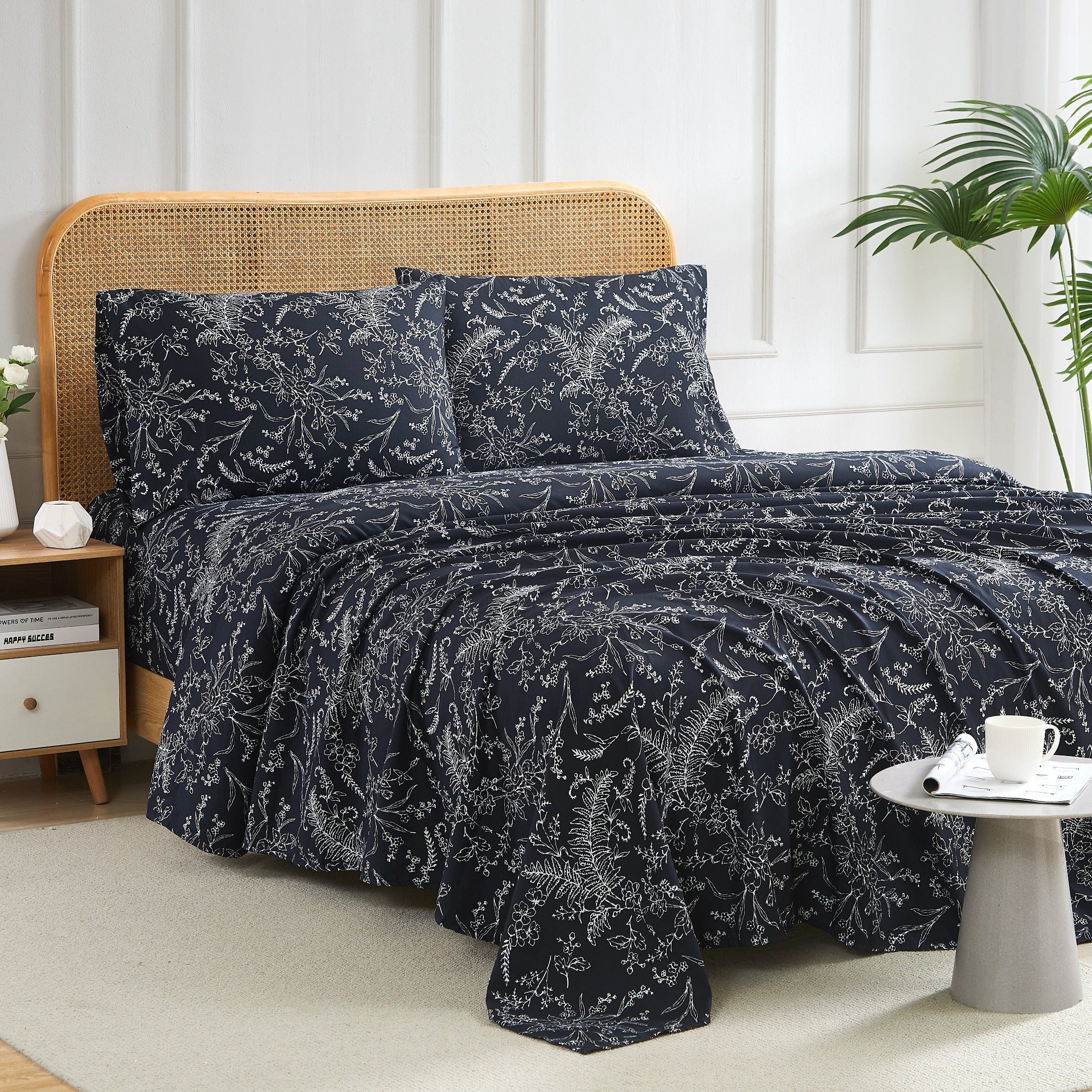 Side View of Winter Brush Sheet Set in Black and White Flowers#color_winter-brush-black-with-white-flowers