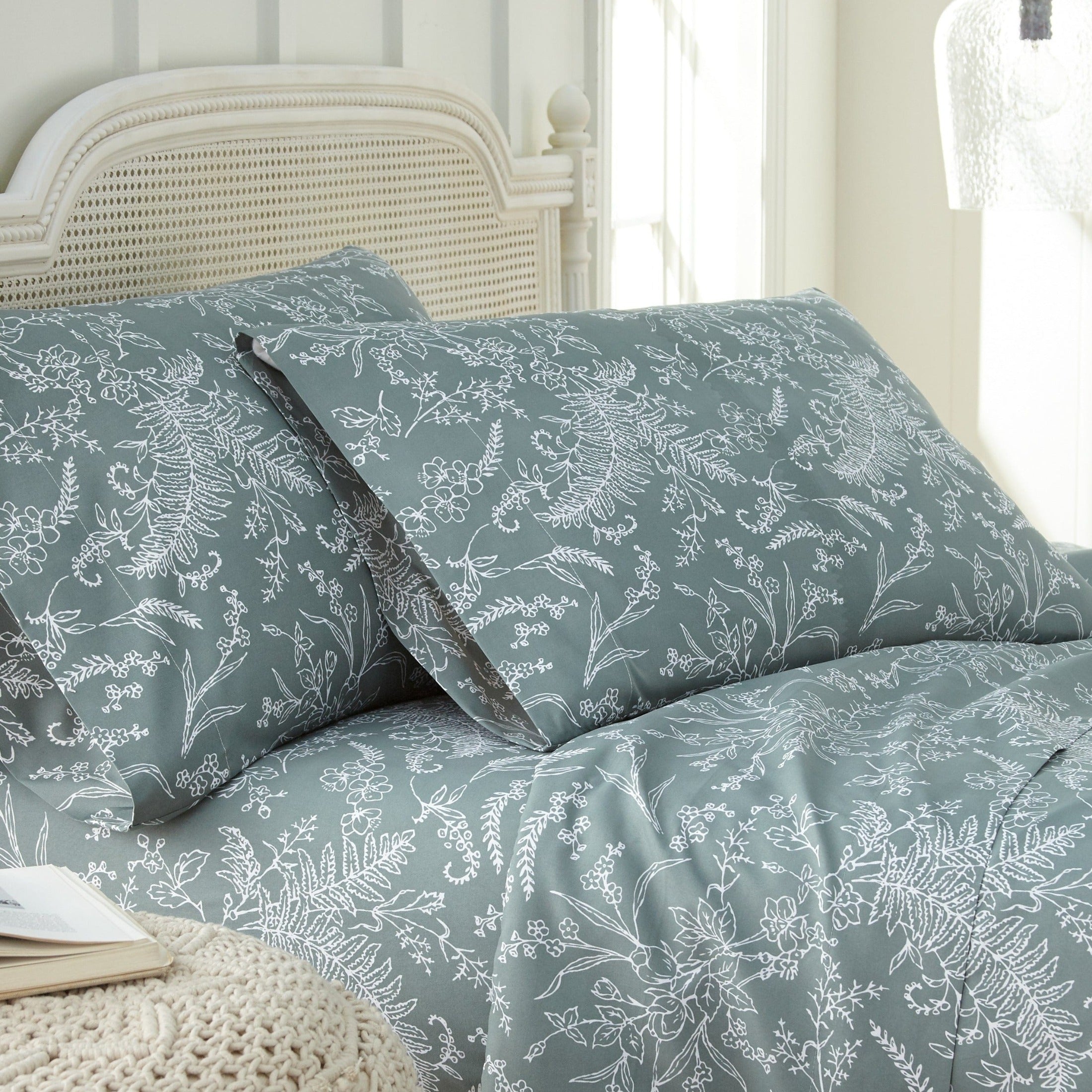 Side View of Winter Brush Pillow Cases in Teal and White Flowers#color_winter-brush-teal-with-white-flowers
